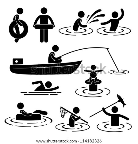 People Children Leisure Swimming Fishing Playing at River Water Stick Figure Pictogram Icon