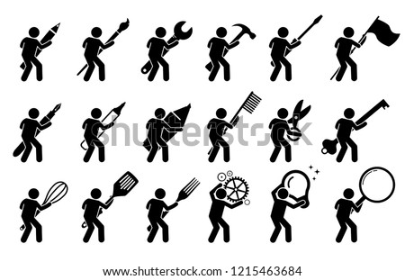 Stick figure stick man using various tools, and equipments. It includes writing and drawing instruments, mechanic tools, cooking utensils, and other objects.