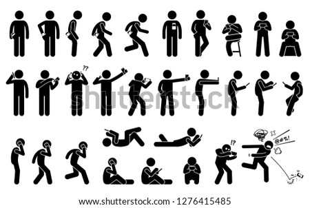 Man using, holding, and carrying phone or smartphone in different basic position and postures. Stick figures depict a set of human with a cellphone.