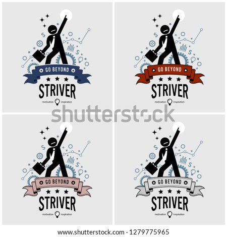 Ambitious businessman aiming high logo design. Vector artwork of an entrepreneur striving for success with motivational and inspirational pose. He point his finger to the top and above.