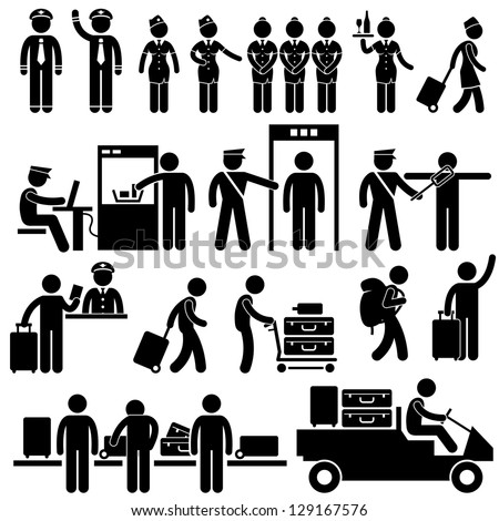 Airport Pilot Captain Air Hostess Stewardess Security Officer Foreigner Immigrant Visitor Tourist Passenger Stick Figure Pictogram Icon
