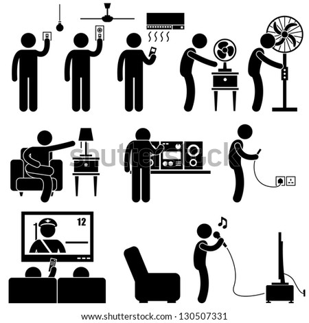 Man Using Home Appliances Entertainment Leisure Electronics Equipments Stick Figure Pictogram Icon