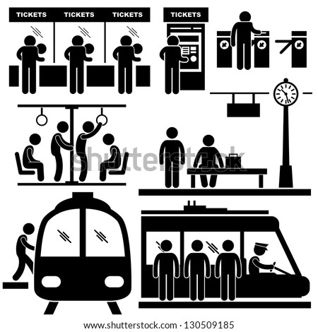 Train Commuter Station Subway Man People Passengers Stick Figure Pictogram Icon