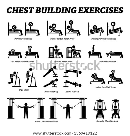 Chest building exercises and muscle building stick figure pictograms. Artworks depict a set of weight training reps workout for chest muscle by gym machine and tools with step by step instructions. 