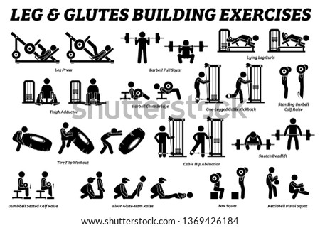 Legs and glutes building exercise and muscle building stick figure pictograms. Artworks depict set of weight training reps workout for legs and glutes by gym machine tools with instructions and steps.