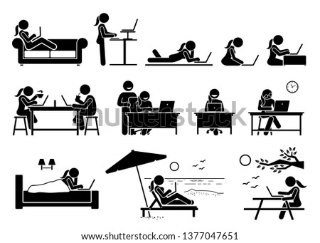 Woman using computer on different postures, poses, and places. Artwork depicts girl use a laptop to access and browse Internet at home, office, cafe, bedroom, beach, and outdoor park.