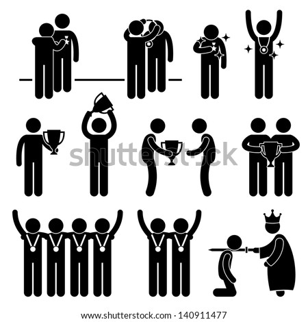 Man Receiving Award Trophy Medal Reward Prize Knighted Honour Honor Ceremony Event Stick Figure Pictogram Icon