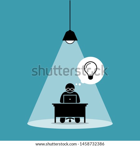 Stick figure man concentrating and focusing on his computer work and thinking of new idea under a spot light. Vector artwork concept depicts focus, working hard, dedication, and high attention.