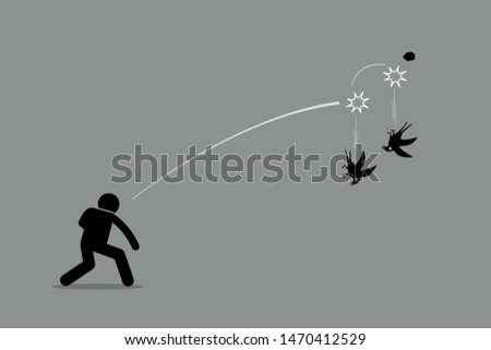 Killing two birds with one stone. Vector artwork depicts a man throwing a rock at two birds and killing both of them at once. Concept of efficiency, productivity, skillful, and good strategy. 