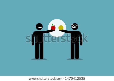 Comparing apple with orange. Vector artwork of two different man holding an apple and orange, and start to compare them to each other. Concept of difference, incomparable, impractical, and pointless. Stock foto © 