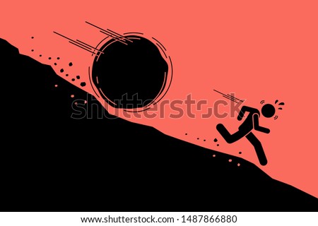 Big rock or boulder rolling down on a man from steep mountain hill slope. Vector concept artwork of danger, risk, problem, and crisis. 