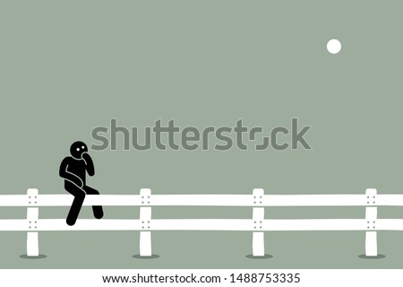 Man sitting on the fence. Vector artwork concept of undecided, indecisive, thinking, doubt, uncertain, and choosing options between two alternatives. 