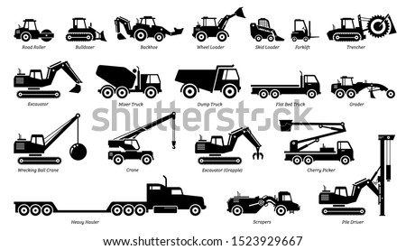 List of construction vehicles, tractors, and heavy machinery icons. Sideview artwork of construction and industrial vehicles, road roller, bulldozer, backhoe, excavator, dump truck, and crane.