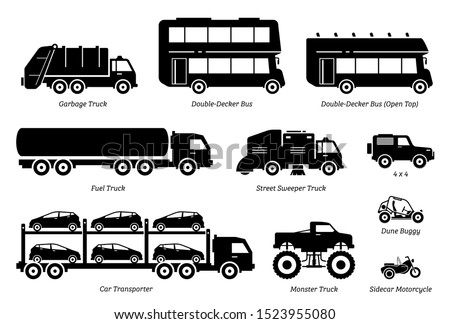 List of special purpose vehicles icon set. Side view artwork of garbage truck, double decker bus, fuel truck, street sweeper, 4wd, car transporter, monster truck, dune buggy, and sidecar motorcycle.