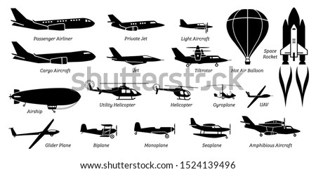 List of different airplane, aircraft, aeroplane, plane and aviation icons. Artwork show airliner, jet, light aircraft, cargo plane, airship, helicopter, space rocket, biplane, monoplane, and seaplane.