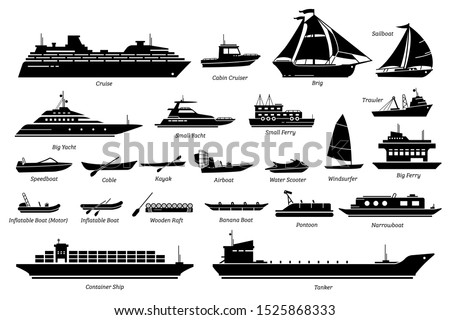 List of water transportation, ships, and boats icon set. Artwork of cruise, brig, sailboat, yacht ferry, trawler, inflatable, speedboat, water scooter, windsurfer, pontoon, container ship, and tanker.