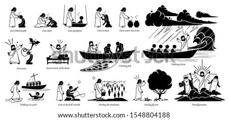 Miracles of Jesus Christ icons pictogram. Stick figure of Jesus Christ curing blind, woman, turning water to wine, exorcism, resurrection, catch fish, walking on water, feeding, and transfiguration. Сток-фото © 