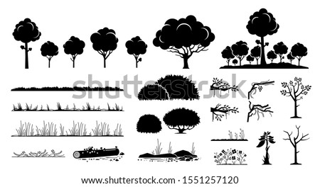 Tree, plants, and grass vector graphic design. A set of tree, foliage, grass, forest, flower, bushes, branches, and vines in black silhouette style. 