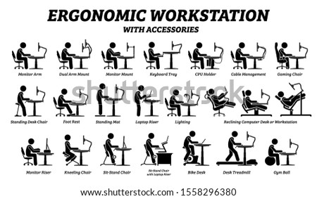 Ergonomic computer desk, workplace, and workstation. Stick figure pictogram icons depict ergonomic accessories for office work with good posture and support.