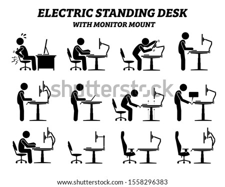 Ergonomic electric standing desk table with monitor mount. Stick figure pictogram icons depict man or a person using standing desk with adjustable height for office work at his computer workstation. 