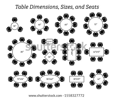 Round, oval, and rectangular table dimensions, sizes, and seating. Pictogram icons depict the top view and number of seating in different type of table design and sizes. 