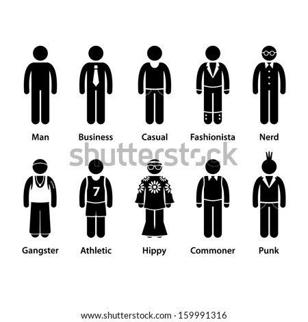People Man Human Character Type Business Casual Punk Nerd Gangster Athletic Hippy Commoner Fashionista Stick Figure Pictogram Icon
