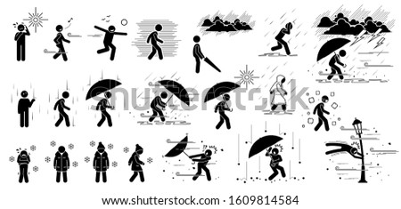 People react to weather conditions and climate in stick figure pictogram icons. Weathers are hot sunny day, breezy, strong wind, foggy, raining, thunderstorm, winter cold, hail, storm, and hurricane.