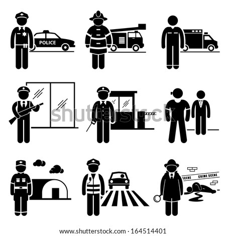 Public Safety and Security Jobs Occupations Careers - Police, Firefighter, EMT, Security Guard, Watchman, Bodyguard, Soldier, Traffic Officer, Detective - Stick Figure Pictogram