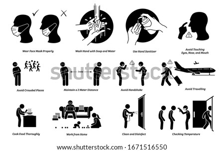 Virus outbreak risks, prevention, preparedness tips actions to do and do not. Illustrations of person wearing mask correct and incorrectly. Washing hand with soap, water and sanitizer. Avoidance plan.