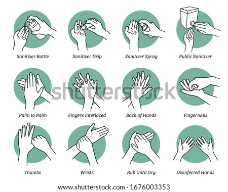 How to use hand sanitizer step by step instructions and guidelines. Vector illustrations artwork of hands sanitizing to kill and disinfect virus, bacteria, and germs. Disinfect correct and proper way.