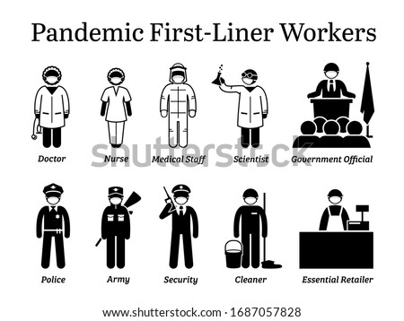 Virus pandemic first-liner workers. Vector icons of doctor, nurse, medical staff, scientist, government official, police, army, security guard, cleaner, and essential retailer wearing surgical mask.