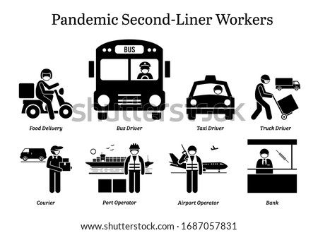 Virus pandemic second-liner workers. Vector icons of food delivery rider, bus taxi truck driver, courier, postman, mailman, port airport operator, and bank staff wearing surgical mask.