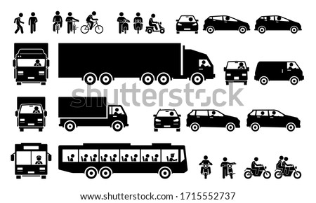 Road transports and transportation icons. Vector cliparts of man walking, cycling bicycle, riding motorbike, motorist driving car, lorry, and van. Many people taking public bus.