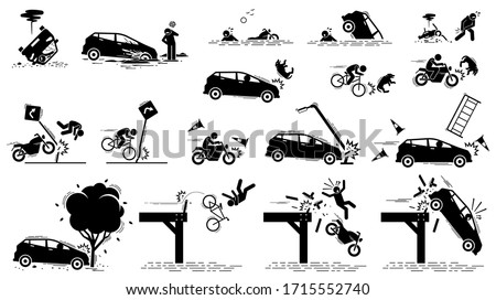 Road hazard, car accident, and traffic mishap. Vector icons of car driver stuck in mud, vehicle drive into water, bang onto tree, crash on traffic sign, motorcycle knock on dog, and fall off bridge.