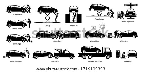 Mechanic check and fix car at workshop garage. Vector icons of auto car service shop for vehicle maintenance and repair. Services are tire replacement, wheel alignment, oil change, and AC service.
