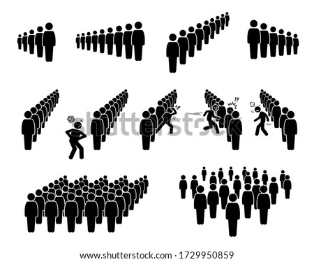 People queue and lining up. Vector artwork of crowd queuing in line waiting their turns. A person is getting impatient and cutting the line. Some masses are scattered and standing everywhere. 