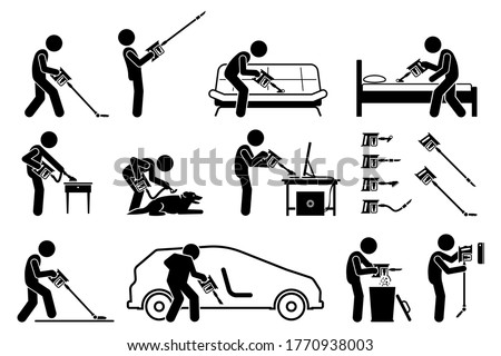Man using handheld cordless stick vacuum cleaner to clean the house. Vector icons of vacuum cleaner sucking dust on floor, ceiling, sofa, bed mattress, furniture, pet dog, computer, carpet, and car.
