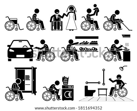 Disabled person on a wheelchair leading a normal life stick figure icons. Vector illustrations of a happy independent self reliance handicapped man doing daily activities and are self capable.
