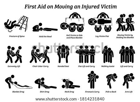 First aid techniques on moving an injured victim stick figures icons. Vector illustrations of the methods, procedures, and how to move or relocating an injured person. 