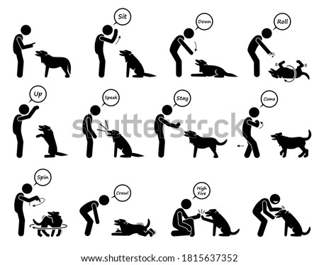 Basic dog commands and behavioral training icons set. Vector illustrations of a person giving hand signals for the dog to follow in obedient learning. 