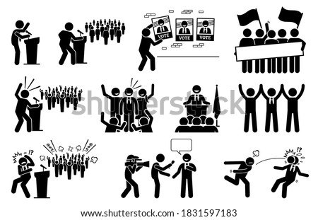 Politic candidate rally during presidential election campaign. Vector illustration of a president or prime minister giving speech and supporters giving supports to their political party. 