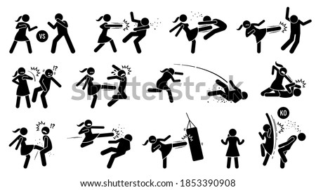 Woman beating man stick figure sign and symbols. Vector illustration of female versus male fighting by punching, kicking, slapping, throwing, and uppercut. The girl is strong and winning the fight.