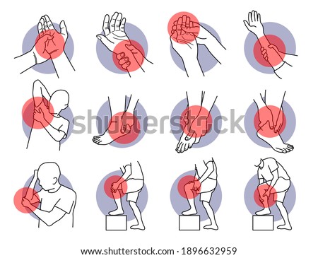 Pain and injury on hand and leg parts. Vector illustrations of painful hand, fingers, arm, leg, ankle, heel, knee, and elbow. Symptoms of muscle sprain, soreness, ligament, and injury problems. Stockfoto © 