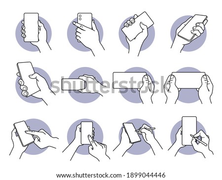Hand holding and using smart phone with white blank screen icon set. Vector illustrations of hand carrying phone, finger gesture tapping on screen, and using pen tool to write and pinpoint.