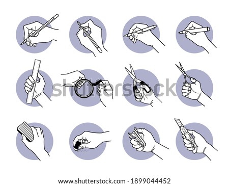 Hand using stationery tools and equipment. Vector illustrations of writing with pen and marker, drawing with pencil, cutting with scissor and blade, erasing with eraser, and measure with ruler.