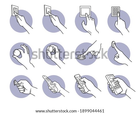 Hand pressing, turning, pushing, and flipping switch button. Vector illustrations of a hand controlling and adjusting electrical device with wall switch, dial button, knob, flip and remote controller.