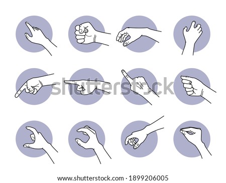 Hand pointing and grabbing gestures. Vector illustrations of hand poses and actions of showing direction, pointing the way, and taking things.