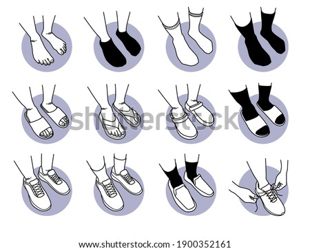 Foot and feet wearing different type of shoes and socks. Vector illustration of leg wearing stockings, slipper, sandal, sportwear, and business leather shoes. Hand tying shoelaces. 