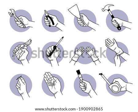 Hand holding work tools equipment. Vector illustrations of hand holding spanner, pliers, trowel, hammer, secateurs, screwdriver,  wearing gloves, screw, nail, paintbrush, and measurement tape. 