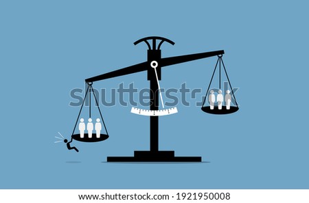 Scale of justice with a person trying to influence the result. Vector illustration concept of unfair advantage, cheating, deception, justice corruption, conspire, and law manipulation. 